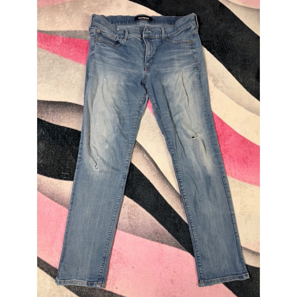 Express Denim Perfect Skinny Mid Rise Jeans Light Wash Distressed Blue Size 10R